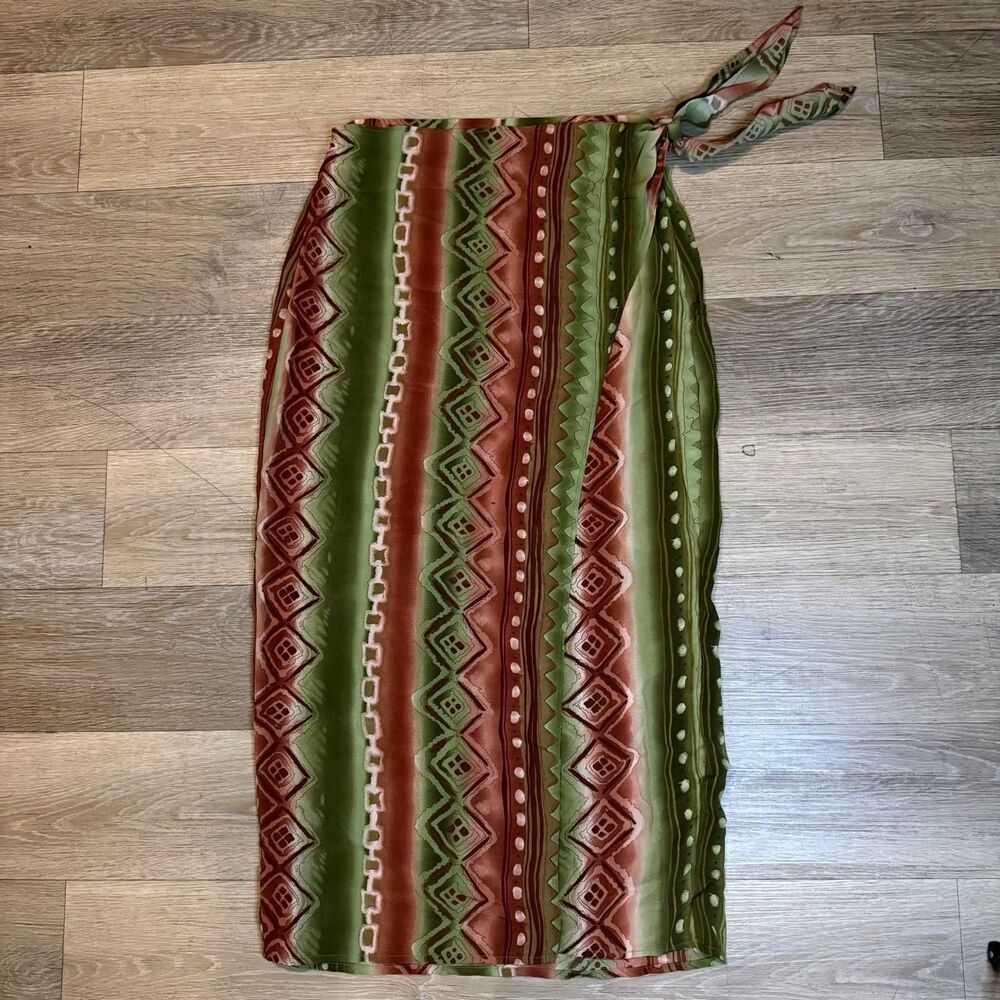 Zoey & Beth Y2K Earthy Green Geometric Column Maxi Skirt Tie Closure L